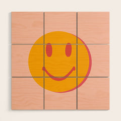 70s retro yellow smile face illustration Wood Wall Art