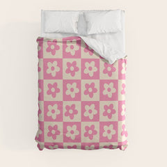 90s checkers flowers cream and pink Duvet Cover