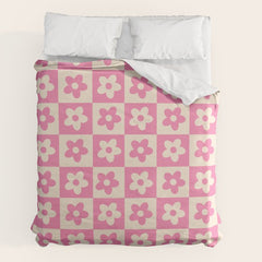 90s checkers flowers cream and pink Duvet Cover