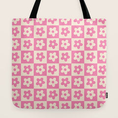 90s checkers flowers cream and pink Tote Bag