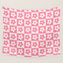 90s checkers flowers cream and pink Wall Tapestry