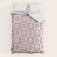 90s flowers checkers cream and lilac Duvet Cover