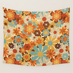 70's Retro Floral Patterned Prints Wall Tapestry