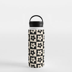 90s flowers checkers cream and black Water Bottle