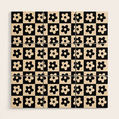 90s flowers checkers cream and black Wood Wall Art
