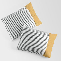 (White Background) Mid Century Modern Minimalist Rothko Inspired Color Field With Lines Geometric Style Pillow Sham