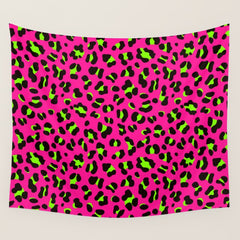80s Neon Pink and Lime Green Leopard Wall Tapestry