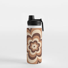 70s Retro Flower Power in Coffee Brown Water Bottle