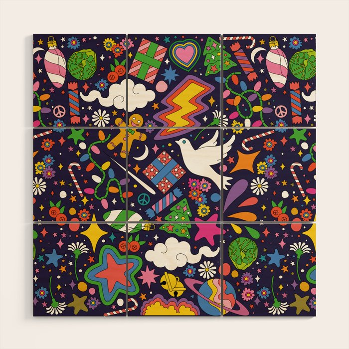 60s 70s psychedelic Modern Christmas Confetti Pattern Wood Wall Art