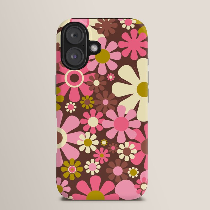60s 70s Retro Floral Garden Cheerful Flower Pattern in Brown Pink Avocado iPhone Case