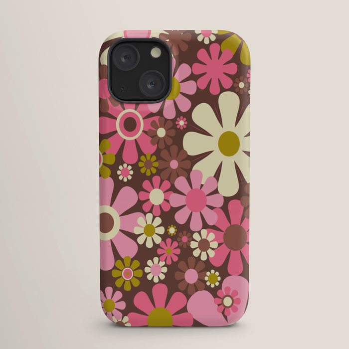 60s 70s Retro Floral Garden Cheerful Flower Pattern in Brown Pink Avocado iPhone Case