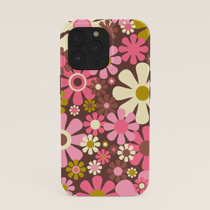 60s 70s Retro Floral Garden Cheerful Flower Pattern in Brown Pink Avocado iPhone Case