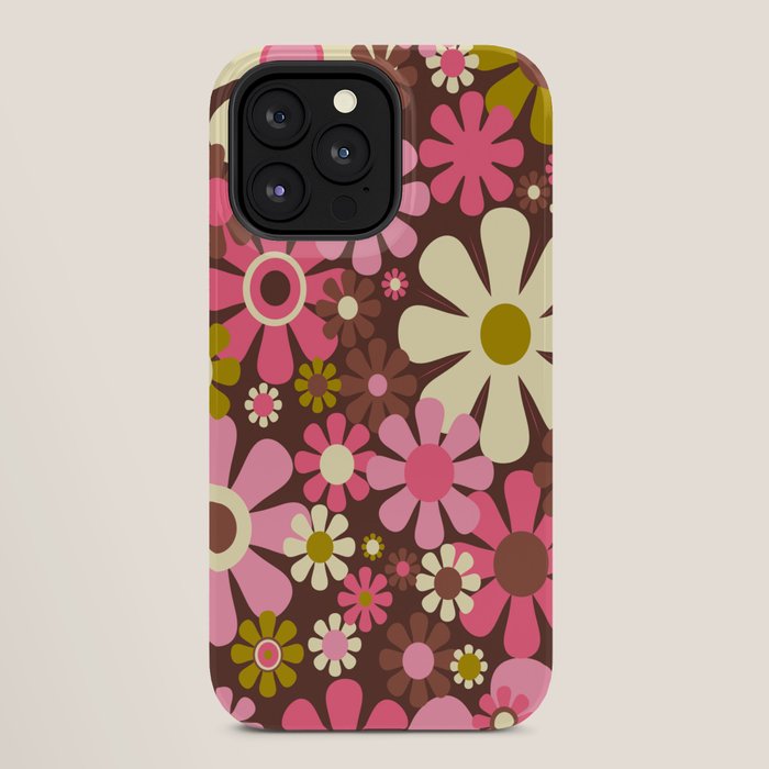 60s 70s Retro Floral Garden Cheerful Flower Pattern in Brown Pink Avocado iPhone Case