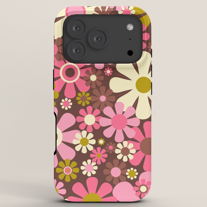 60s 70s Retro Floral Garden Cheerful Flower Pattern in Brown Pink Avocado iPhone Case