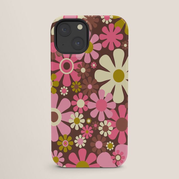 60s 70s Retro Floral Garden Cheerful Flower Pattern in Brown Pink Avocado iPhone Case