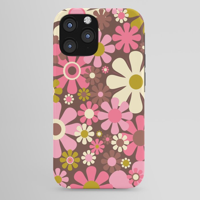 60s 70s Retro Floral Garden Cheerful Flower Pattern in Brown Pink Avocado iPhone Case