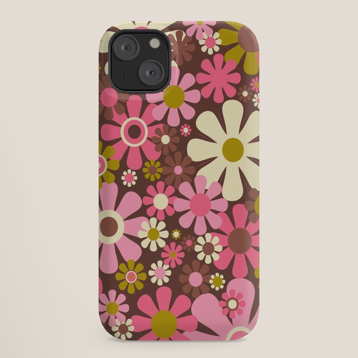 60s 70s Retro Floral Garden Cheerful Flower Pattern in Brown Pink Avocado iPhone Case