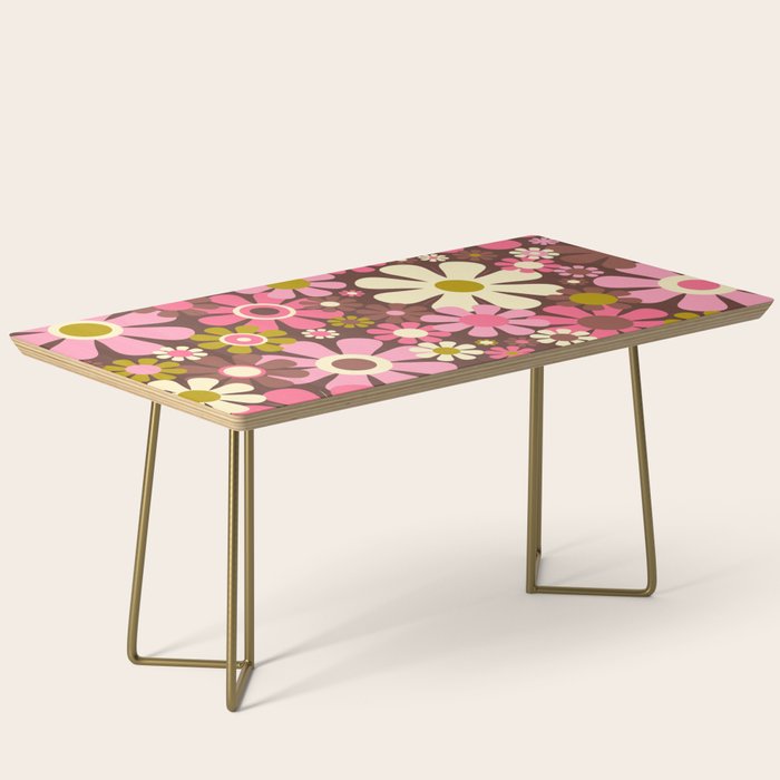 60s 70s Retro Floral Garden Cheerful Flower Pattern in Brown Pink Avocado Coffee Table