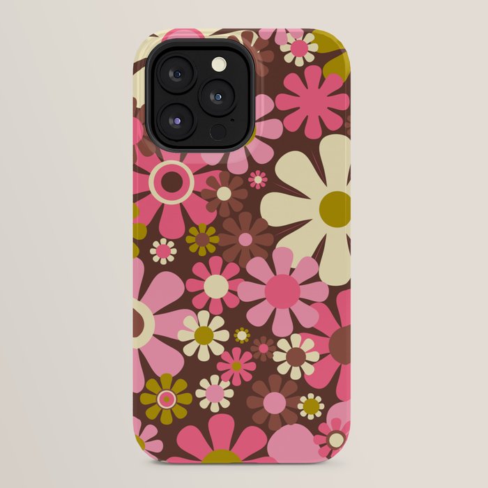 60s 70s Retro Floral Garden Cheerful Flower Pattern in Brown Pink Avocado iPhone Case