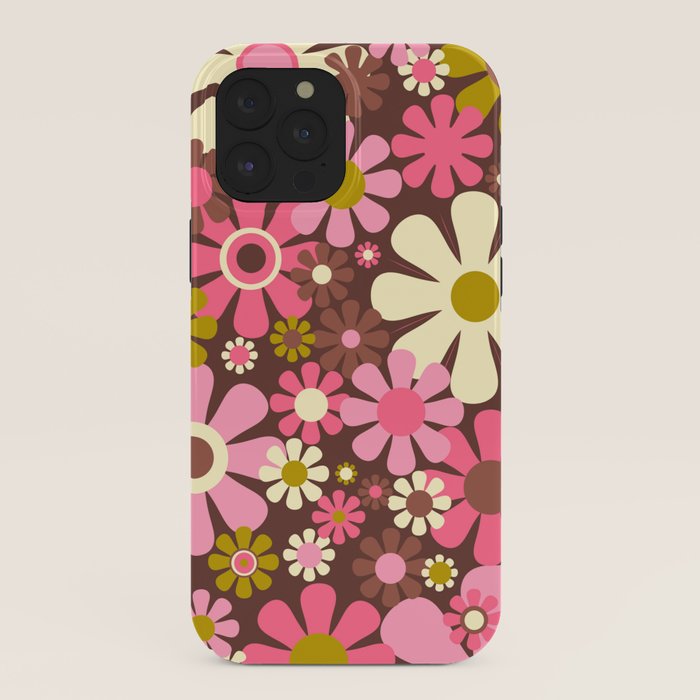 60s 70s Retro Floral Garden Cheerful Flower Pattern in Brown Pink Avocado iPhone Case