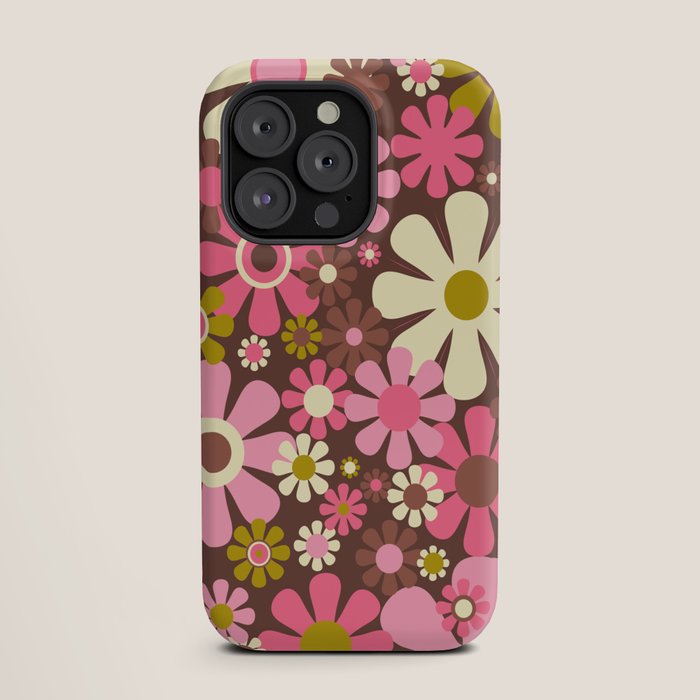 60s 70s Retro Floral Garden Cheerful Flower Pattern in Brown Pink Avocado iPhone Case