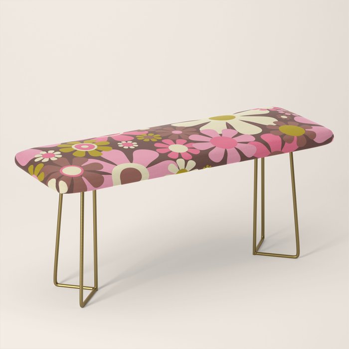60s 70s Retro Floral Garden Cheerful Flower Pattern in Brown Pink Avocado Bench