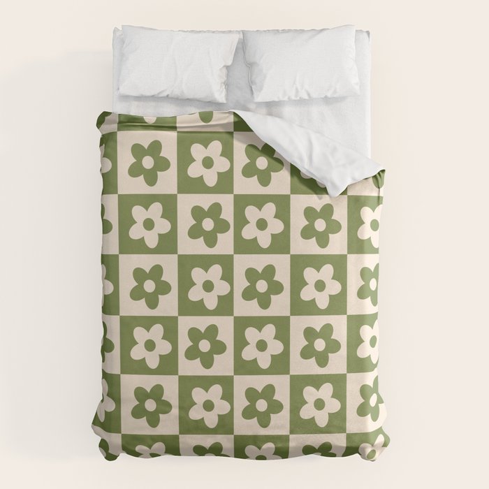 90s flowers checkers cream and green Duvet Cover