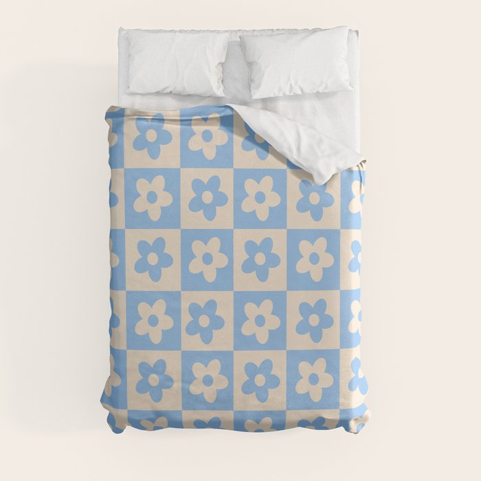 90s flowers checkers cream and blue Duvet Cover