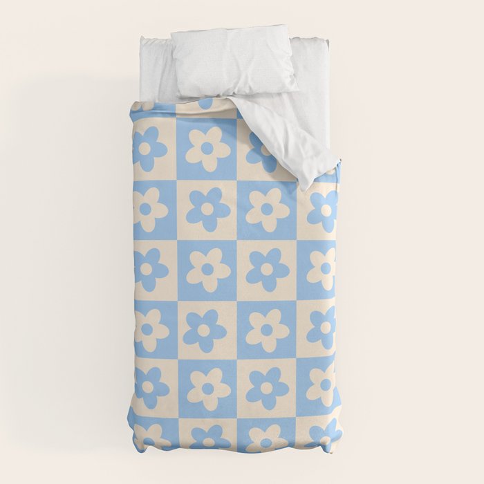 90s flowers checkers cream and blue Duvet Cover