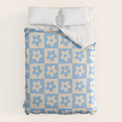 90s flowers checkers cream and blue Duvet Cover