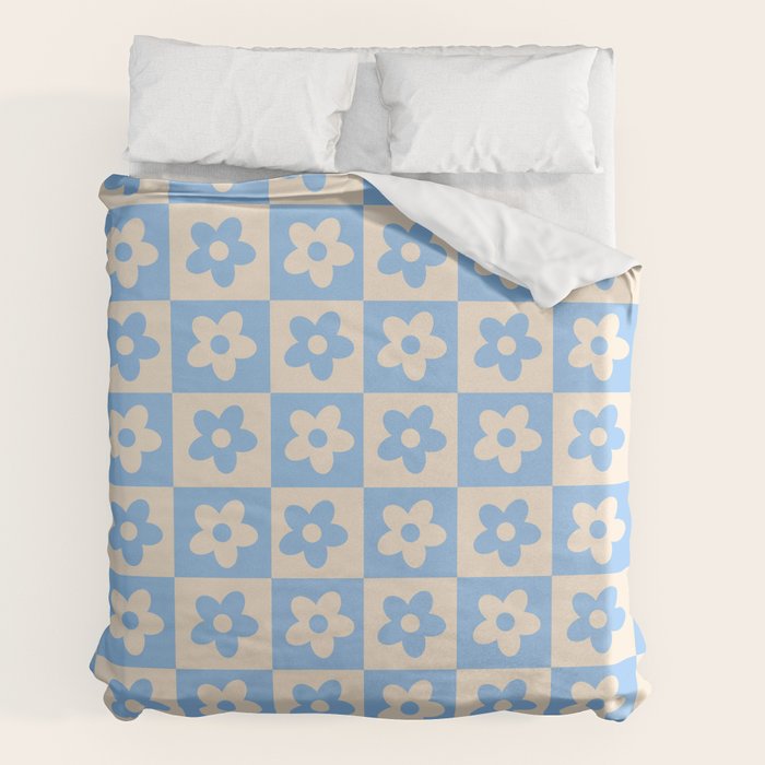 90s flowers checkers cream and blue Duvet Cover