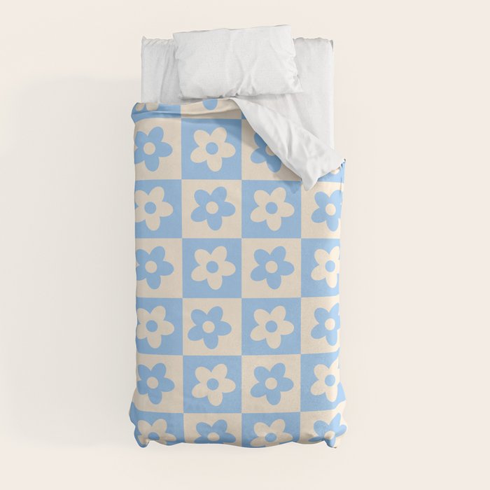90s flowers checkers cream and blue Duvet Cover