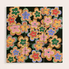 70s Evil Eye Flower Pattern in dark green Wood Wall Art