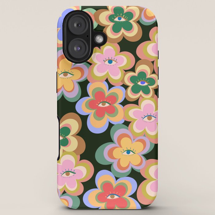 70s Evil Eye Flower Pattern in dark green iPhone Case