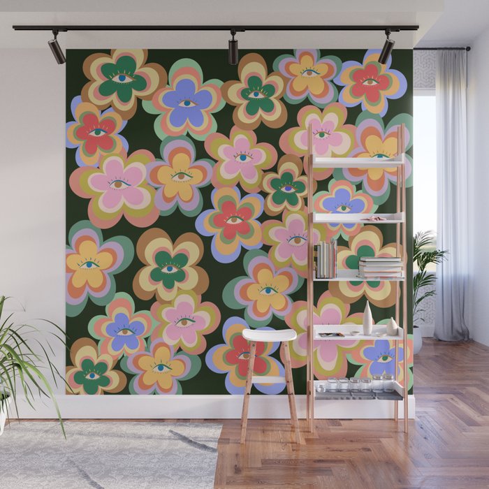 70s Evil Eye Flower Pattern in dark green Wall Mural