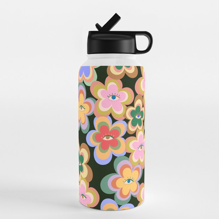 70s Evil Eye Flower Pattern in dark green Water Bottle