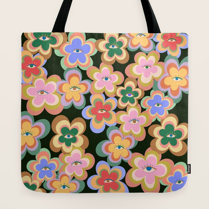 70s Evil Eye Flower Pattern in dark green Tote Bag