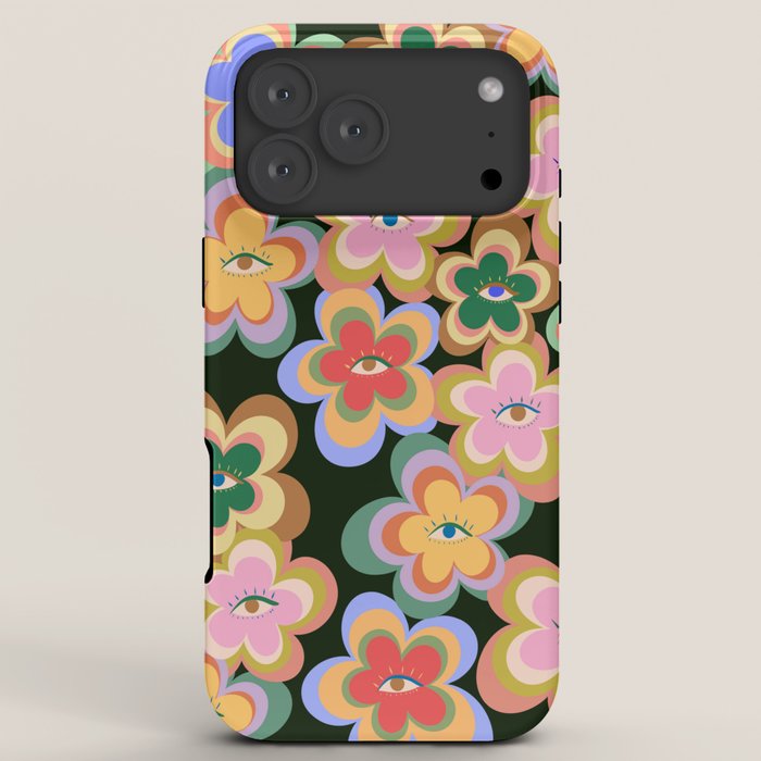 70s Evil Eye Flower Pattern in dark green iPhone Case