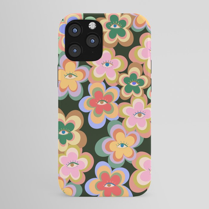 70s Evil Eye Flower Pattern in dark green iPhone Case