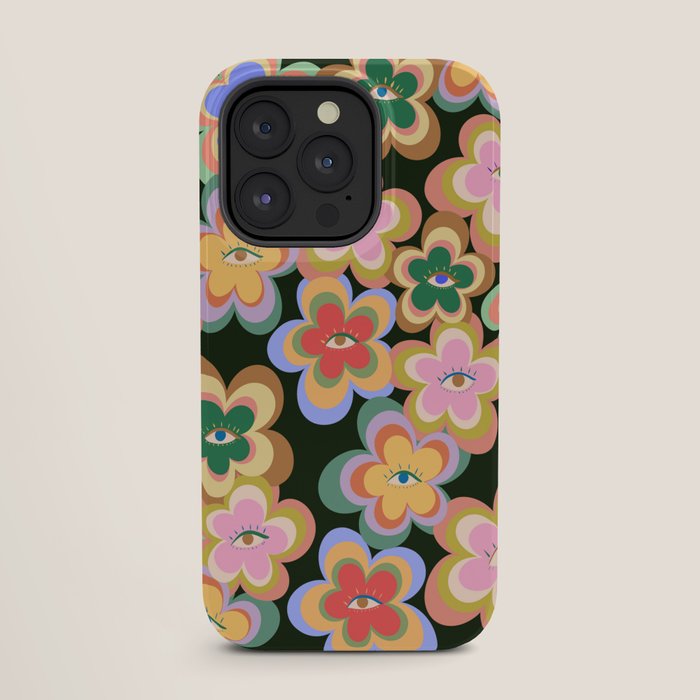 70s Evil Eye Flower Pattern in dark green iPhone Case