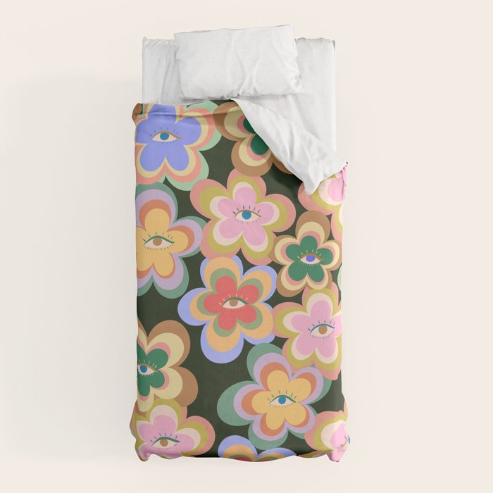 70s Evil Eye Flower Pattern in dark green Duvet Cover