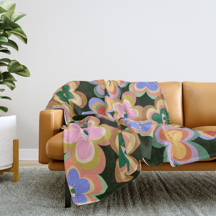 70s Evil Eye Flower Pattern in dark green Throw Blanket