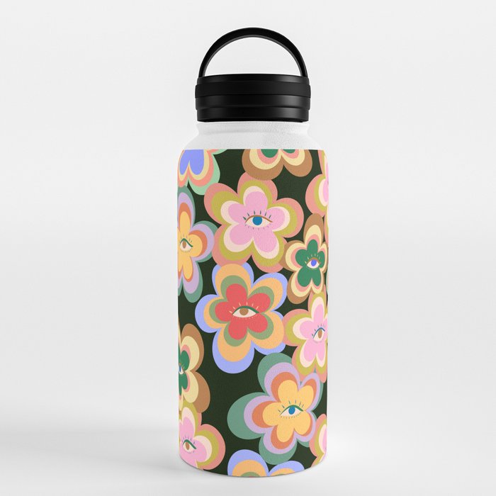70s Evil Eye Flower Pattern in dark green Water Bottle