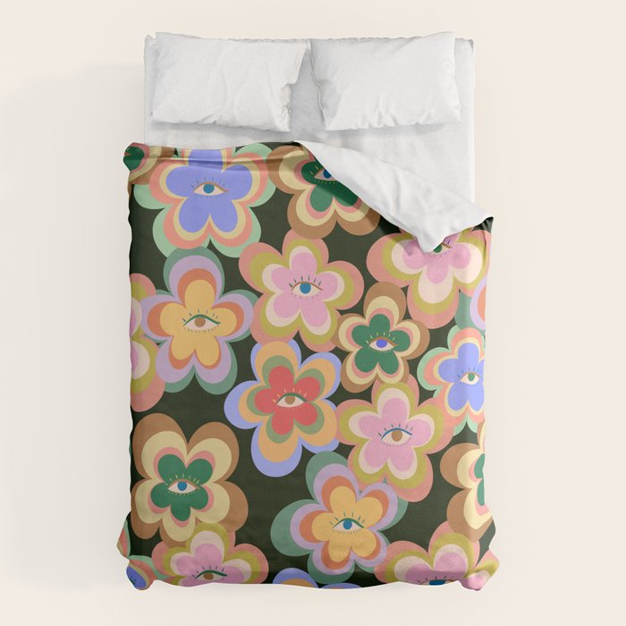 70s Evil Eye Flower Pattern in dark green Duvet Cover