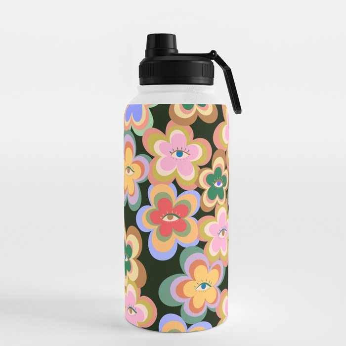 70s Evil Eye Flower Pattern in dark green Water Bottle