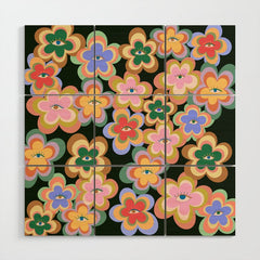 70s Evil Eye Flower Pattern in dark green Wood Wall Art