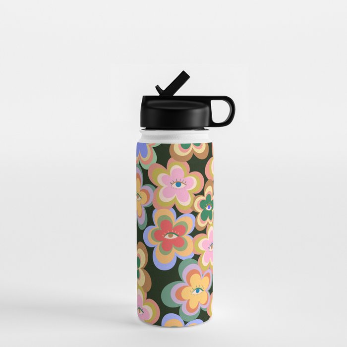 70s Evil Eye Flower Pattern in dark green Water Bottle