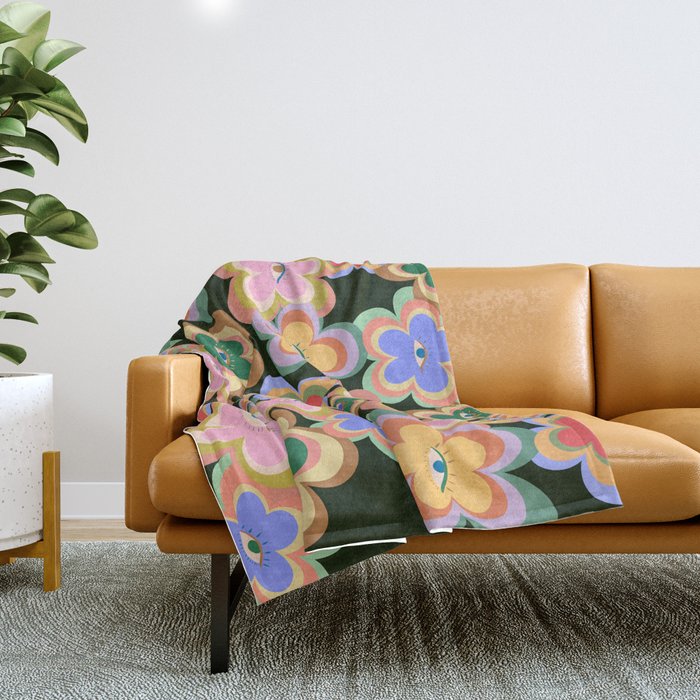 70s Evil Eye Flower Pattern in dark green Throw Blanket