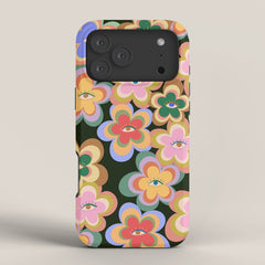 70s Evil Eye Flower Pattern in dark green iPhone Case