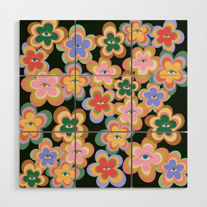 70s Evil Eye Flower Pattern in dark green Wood Wall Art